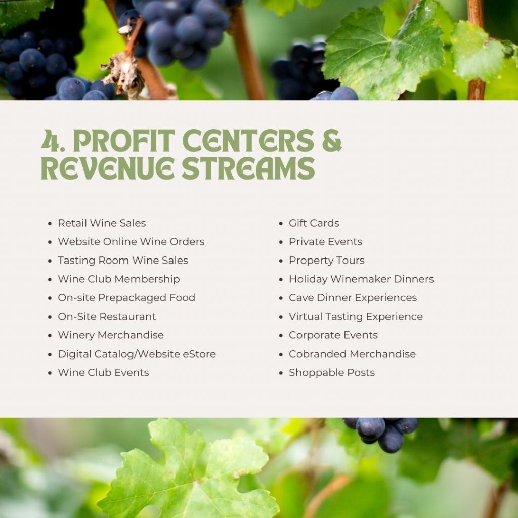 List all of your current revenue streams including retail sales, gift cards, on and off site events, e-stores, and shoppable posts.