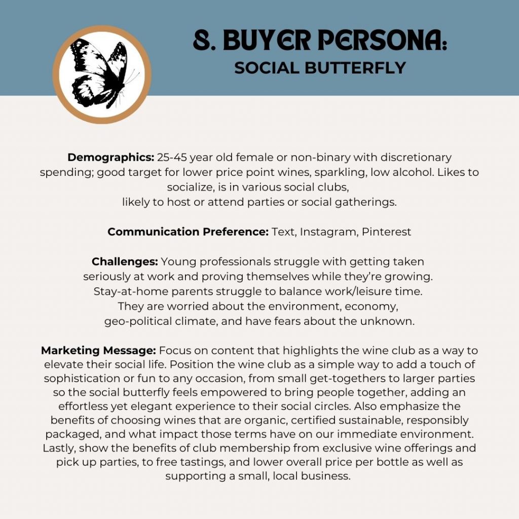 Sample Buyer Persona: The Social Butterfly who likes to host events, give wine as gifts, and will spread word of mouth.