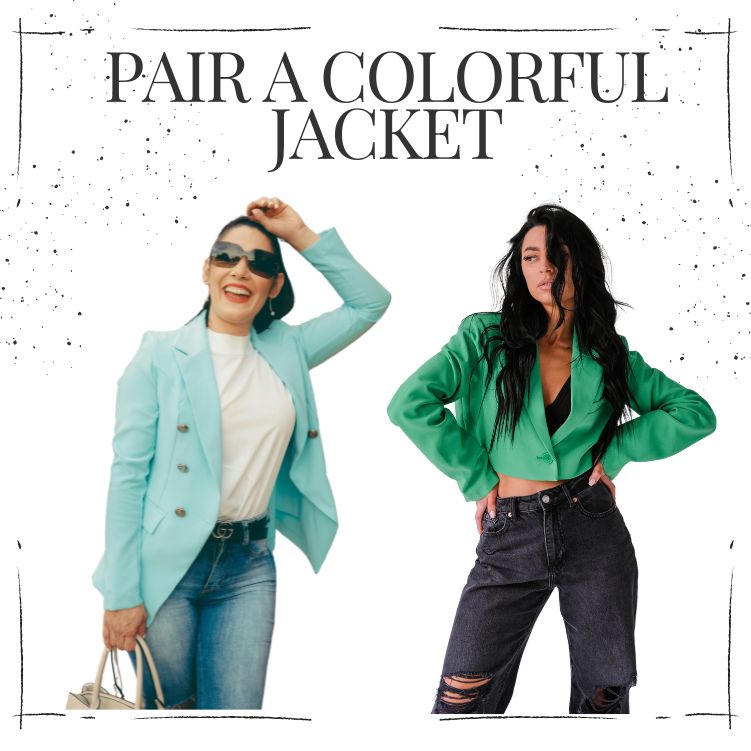 Denim & diamonds Outfit Inspiration: Pair your denim jeans with a bright colorful jacket