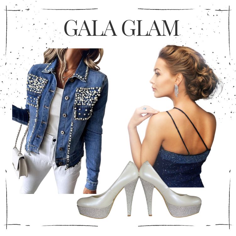 Denim & diamonds Outfit Inspiration: Gala Glam = denim with jewels and pearns