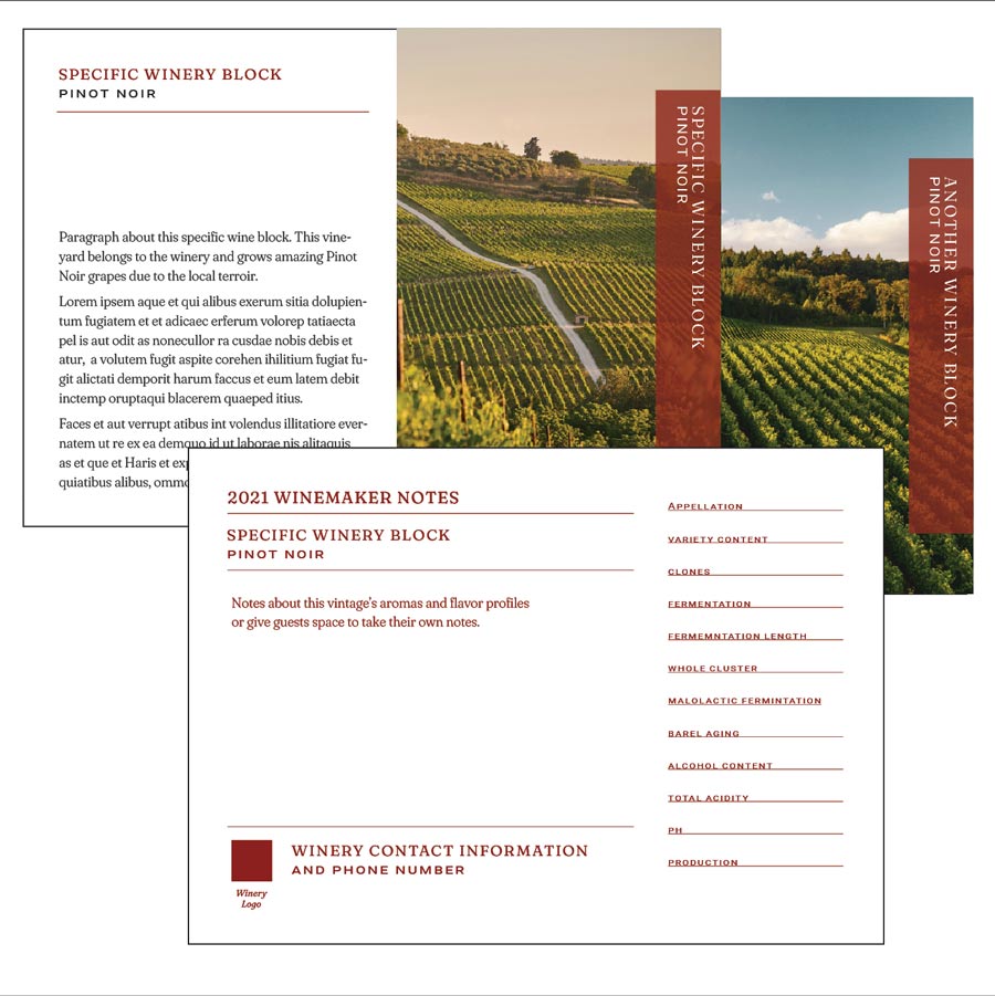 Wine description cards for a winery in the Petaluma Gap.