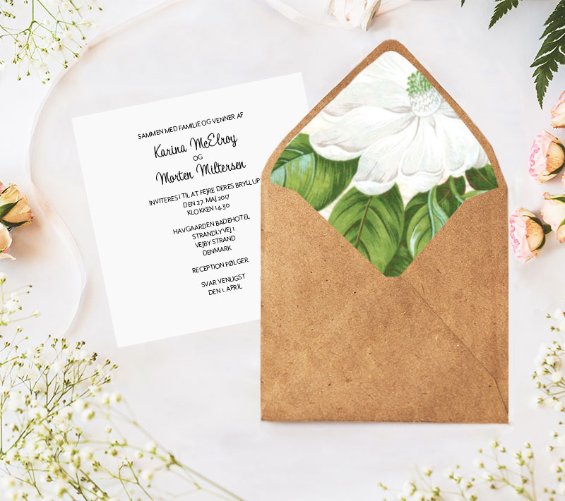 A Scandinavian wedding invitation in both English and Danish, with floral envelope liners.