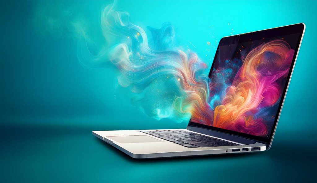A laptop sits open with mystical swirls and colors on the screen and expanding outward into open space.